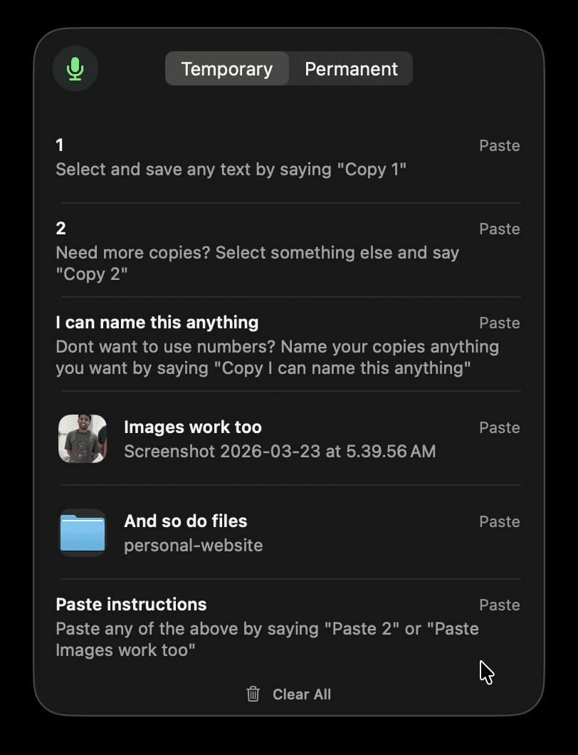 Ctrl-Say floating clipboard showing numbered and named voice-controlled slots for text, an image, and files on macOS.