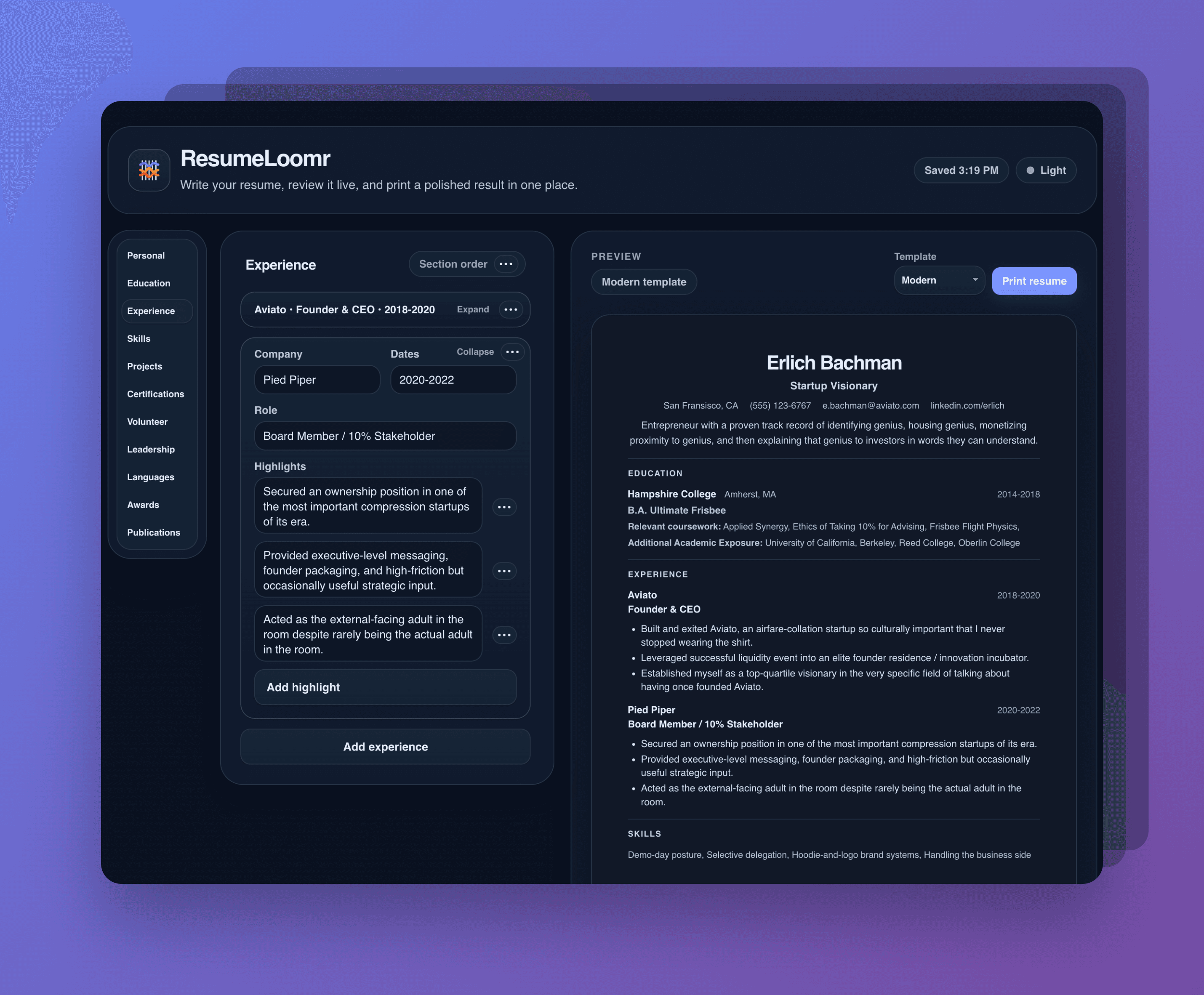 ResumeLoomr interface showing a resume editor, section navigation, and live printable resume preview.