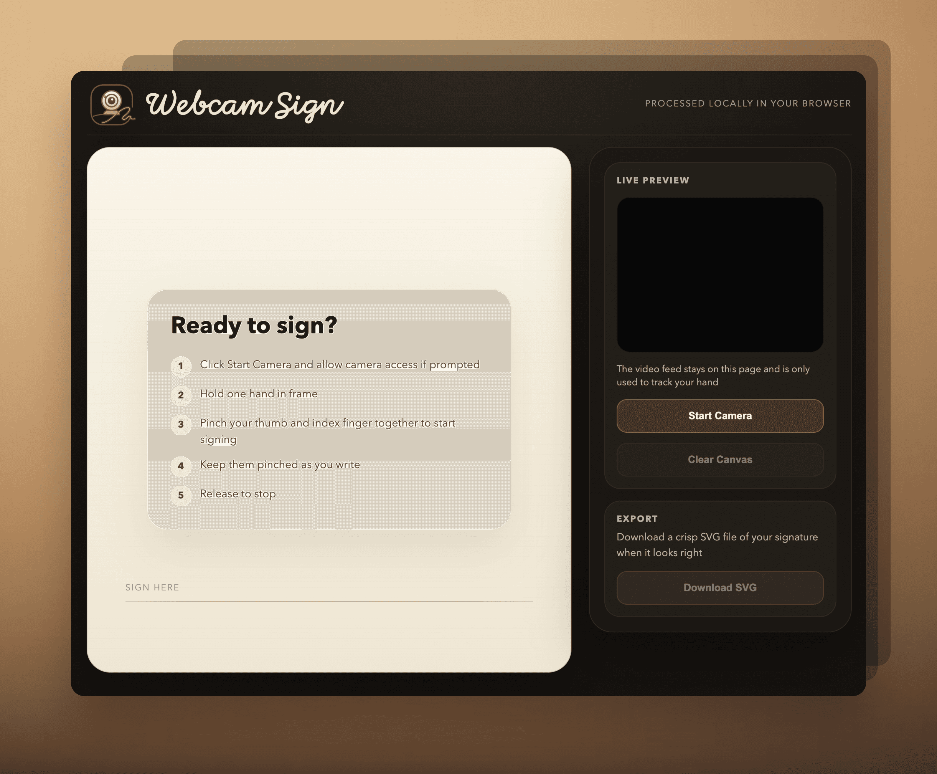 WebcamSign interface showing a signature canvas, step-by-step signing instructions, live preview, camera controls, and SVG export actions.